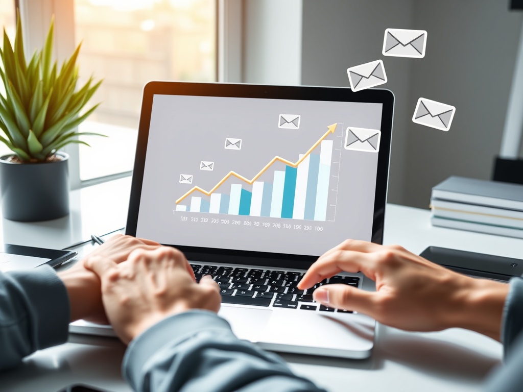 "bright modern workspace" "laptop displaying abstract email growth chart" "hands typing on keyboard" "floating envelope icons" "green checkmarks for GDPR compliance" "soft natural light"