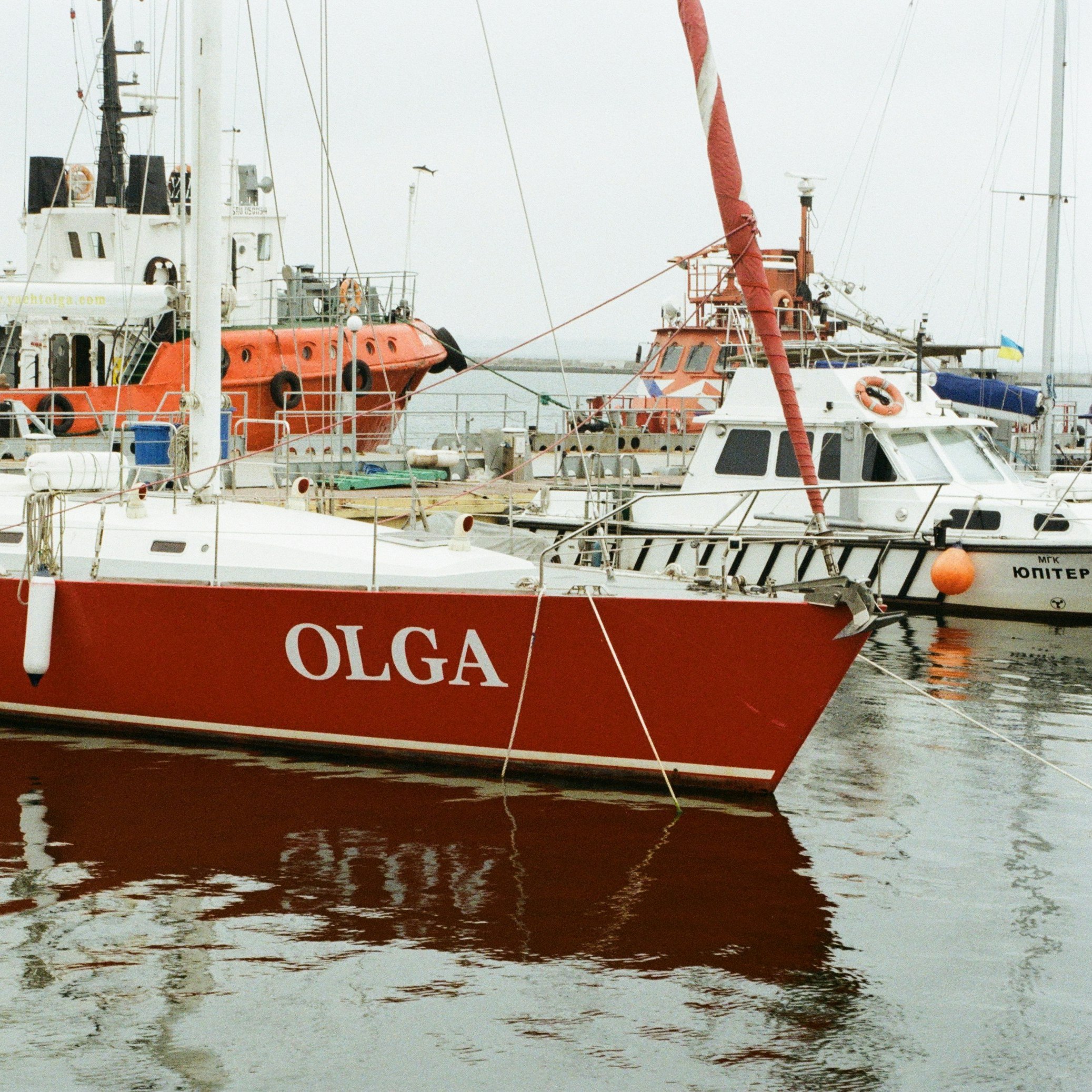 Red yacht at port, Black Sea Odessa, Ukraine on film Nikon F801 Kodak Color 200