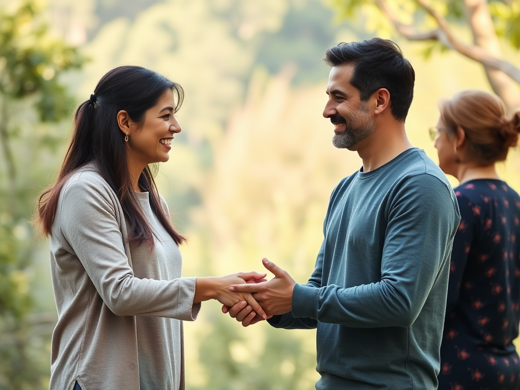 "calm coach" "engaging warmly with client" "gentle handshake" "soft natural light" "peaceful breathing exercises" "flowing energy lines around body" "diverse serene people" "nature background"