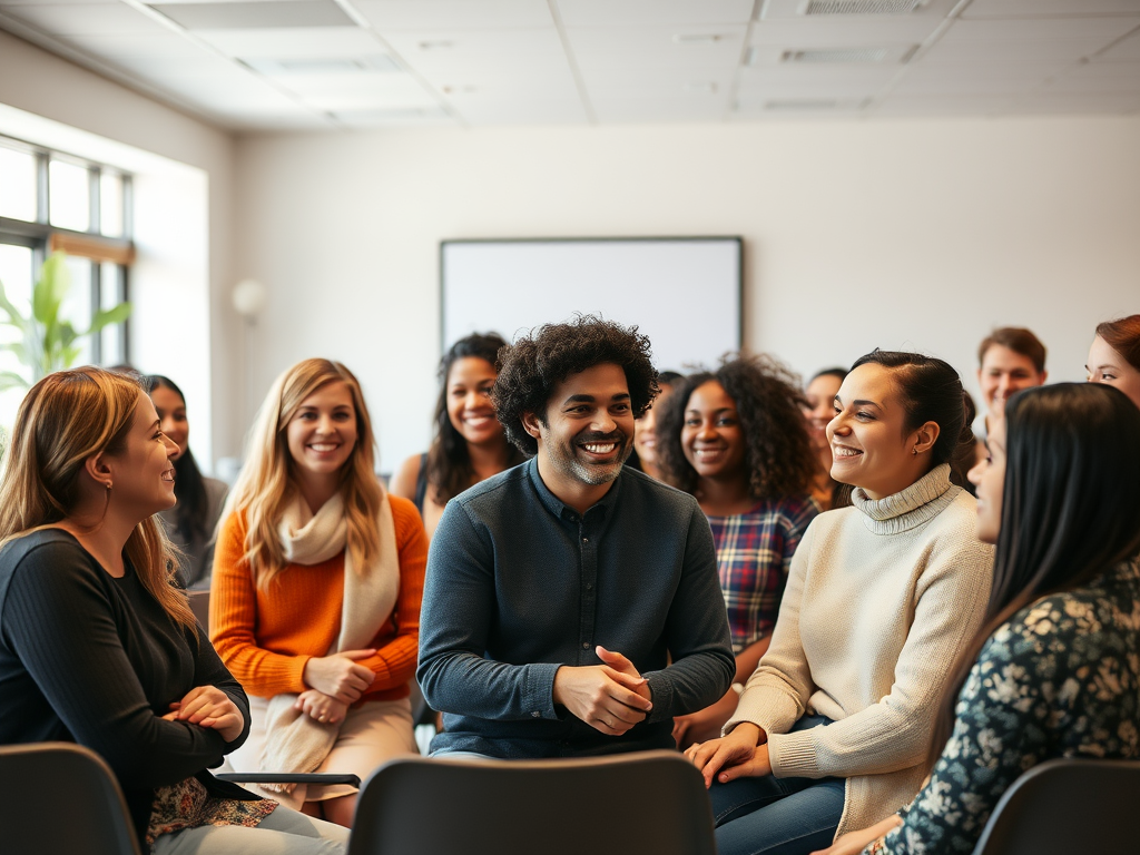 A warm, inviting training room with diverse people connecting authentically, smiling naturally, sharing stories, exuding confidence and genuine engagement.