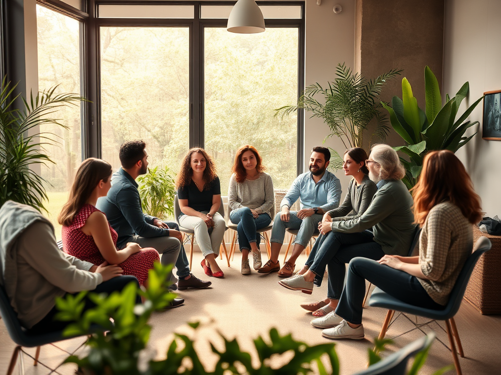"a peaceful modern workspace" "people sitting in a circle, engaged in discussion" "soft natural light filtering through large windows" "calm, focused expressions" "warm tones and greenery around"