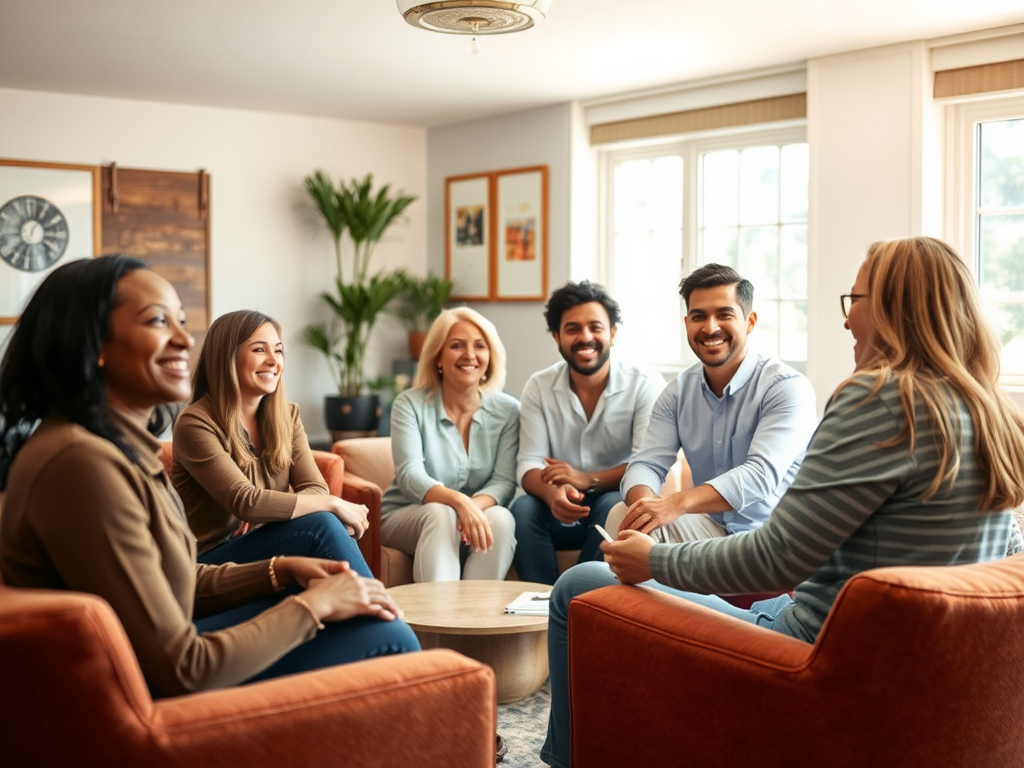 A warm, inviting workshop scene with diverse people engaged in a mastermind group, smiling, interacting naturally, bright room with cozy seating and soft sunlight.