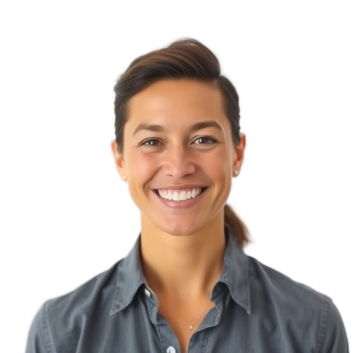 A person smiling to the camera with a white background looking like
