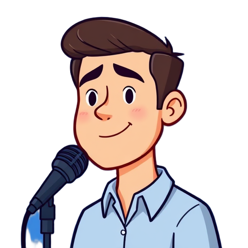 "Confident speaker" "calm expression" "microphone hand" "sound waves" "solid blue"