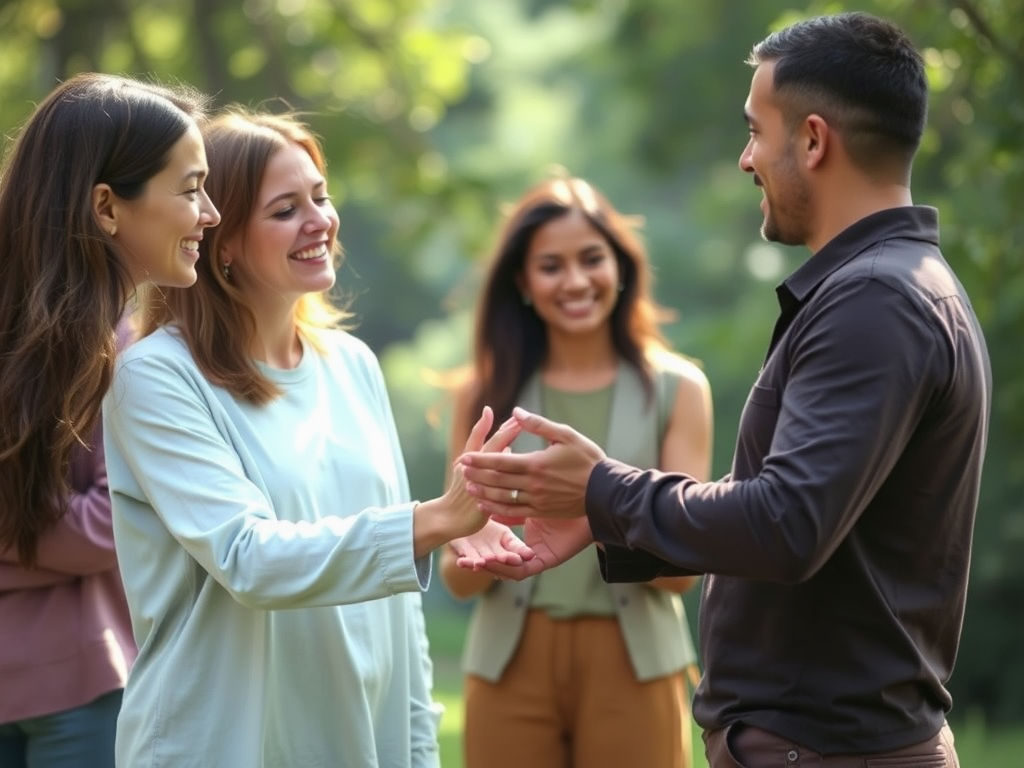 "calm coach" "engaging warmly with client" "gentle handshake" "soft natural light" "peaceful breathing exercises" "flowing energy lines around body" "diverse serene people" "nature background"