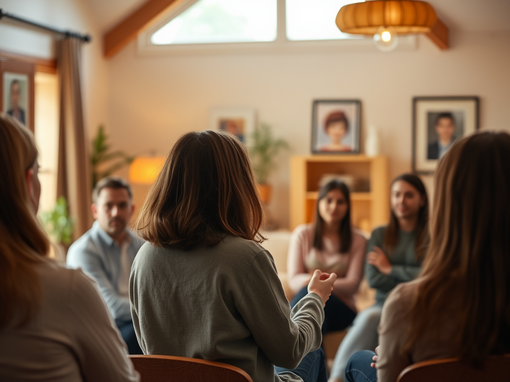 A serene woman confidently speaking to a small audience in a cozy, warmly lit room, relaxed posture, engaged listeners, soft natural colors.