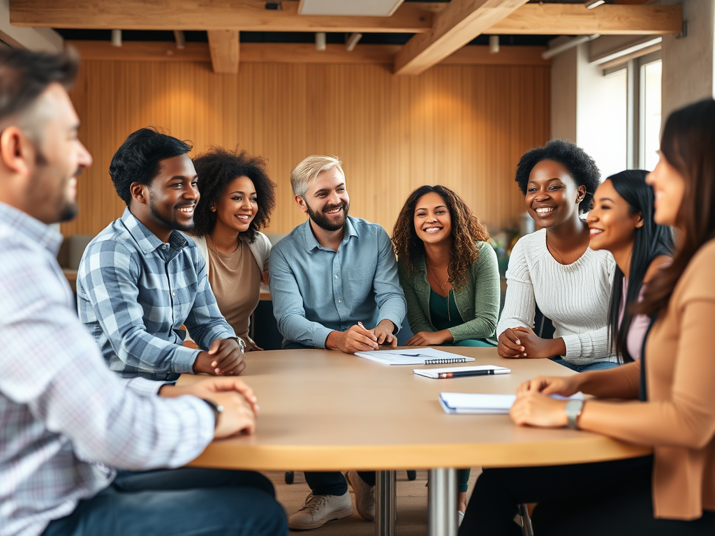 A warm, inviting training room with diverse people connecting authentically, smiling naturally, sharing stories, exuding confidence and genuine engagement.