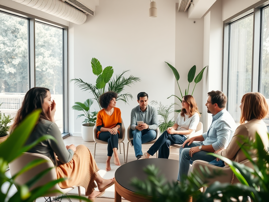 "a peaceful modern workspace" "people sitting in a circle, engaged in discussion" "soft natural light filtering through large windows" "calm, focused expressions" "warm tones and greenery around"