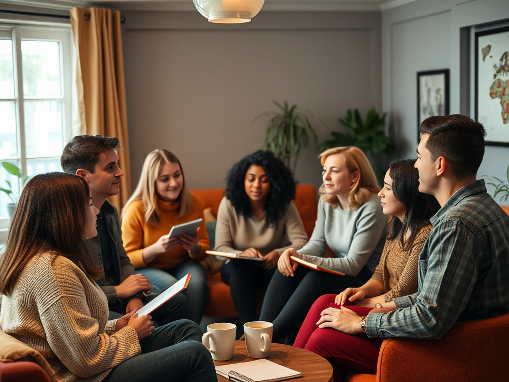 A diverse group in a cozy room, “people engaged in deep conversation,” “calm expressions,” “warm lighting,” “notebooks and coffee cups,” “supportive atmosphere.”