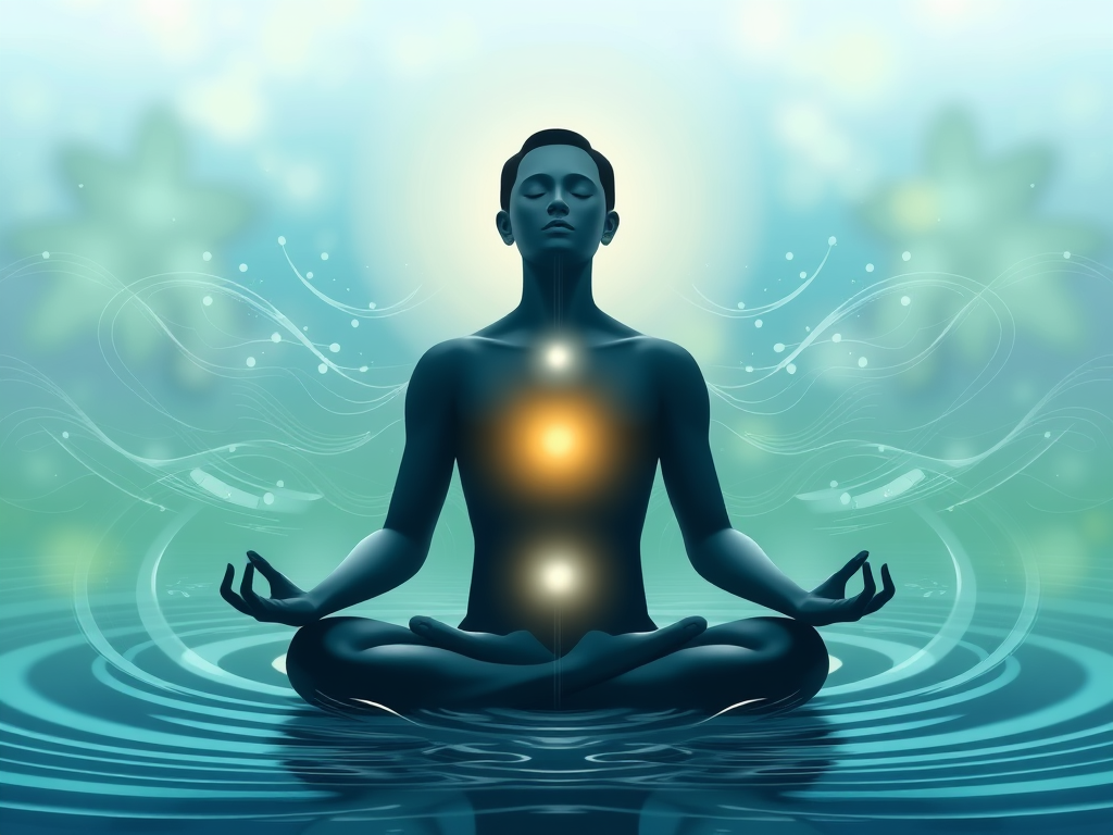 A serene person meditating, surrounded by flowing energy waves, breathing deeply, soft glowing light, peaceful nature background, calm blue and green tones.