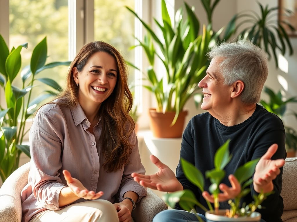 "a calm coach" "gently connecting with a client" "natural setting" "soft sunlight" "warm smiles" "open body language" "cozy office with plants" "trust and authenticity atmosphere"