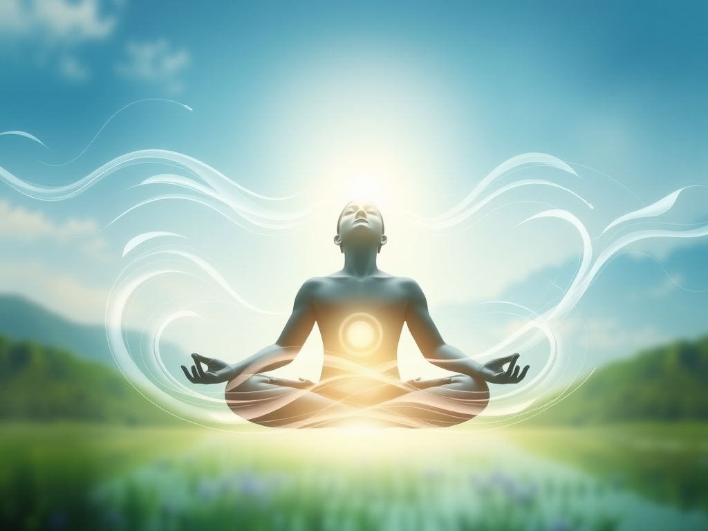 A serene person meditating, surrounded by flowing energy waves, breathing deeply, soft glowing light, peaceful nature background, calm blue and green tones.