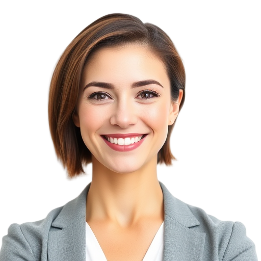 A confident woman smiling to the camera with a white background looking like