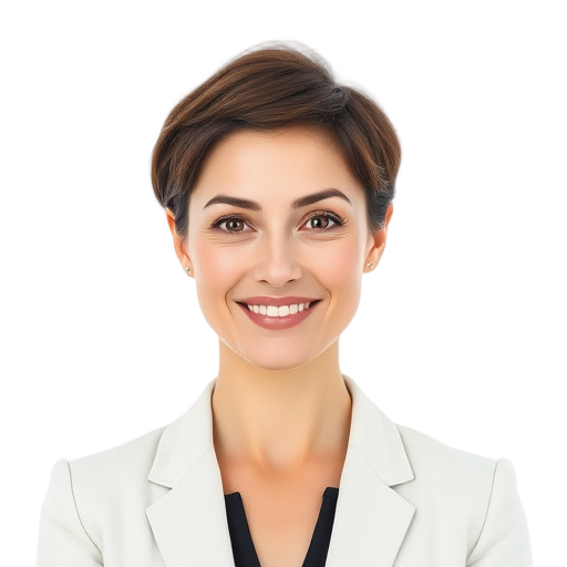 A confident woman smiling to the camera with a clean white background looking like