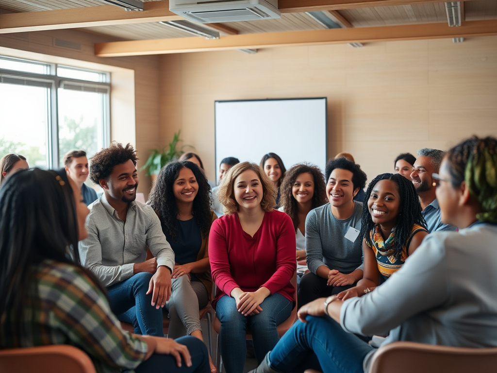 A warm, inviting training room with diverse people connecting authentically, smiling naturally, sharing stories, exuding confidence and genuine engagement.