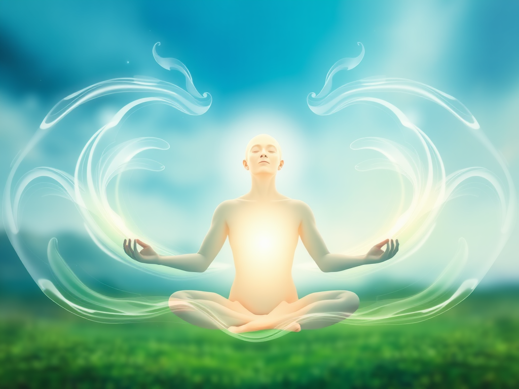 A serene person meditating, surrounded by flowing energy waves, breathing deeply, soft glowing light, peaceful nature background, calm blue and green tones.