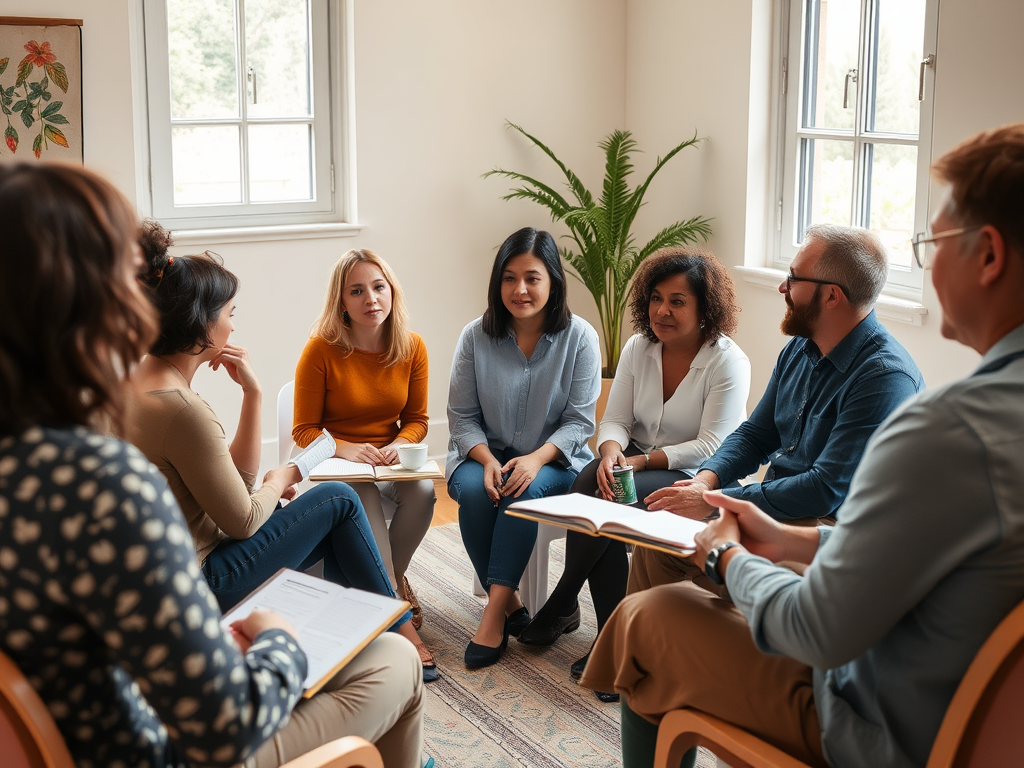 A serene workshop setting with "small group of diverse people" sitting in a circle, "a calm female coach guiding," "soft natural light," "notebooks and coffee cups," "expressive faces engaged in conversation."