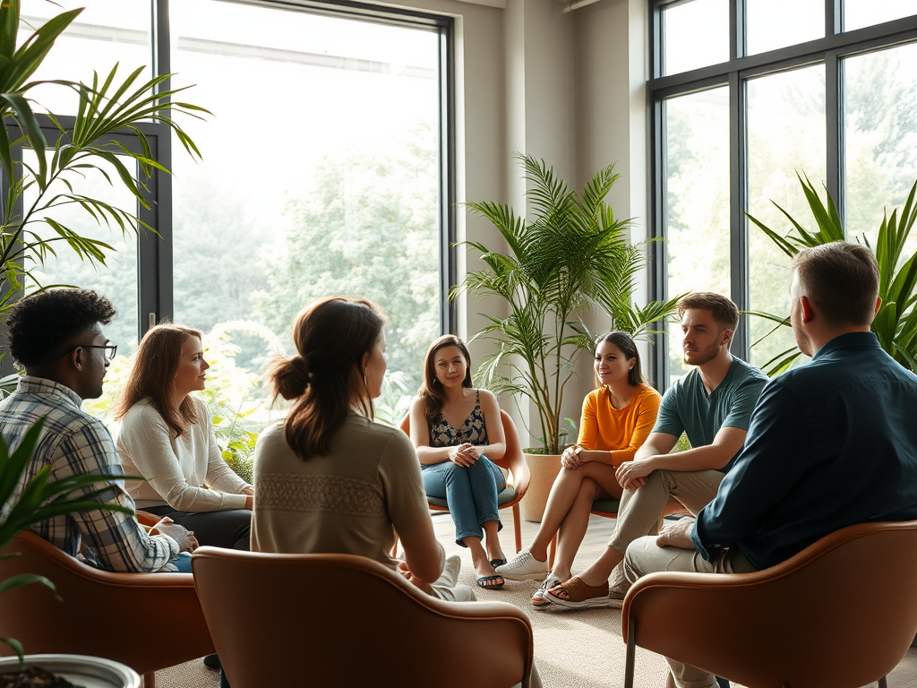 "a peaceful modern workspace" "people sitting in a circle, engaged in discussion" "soft natural light filtering through large windows" "calm, focused expressions" "warm tones and greenery around"