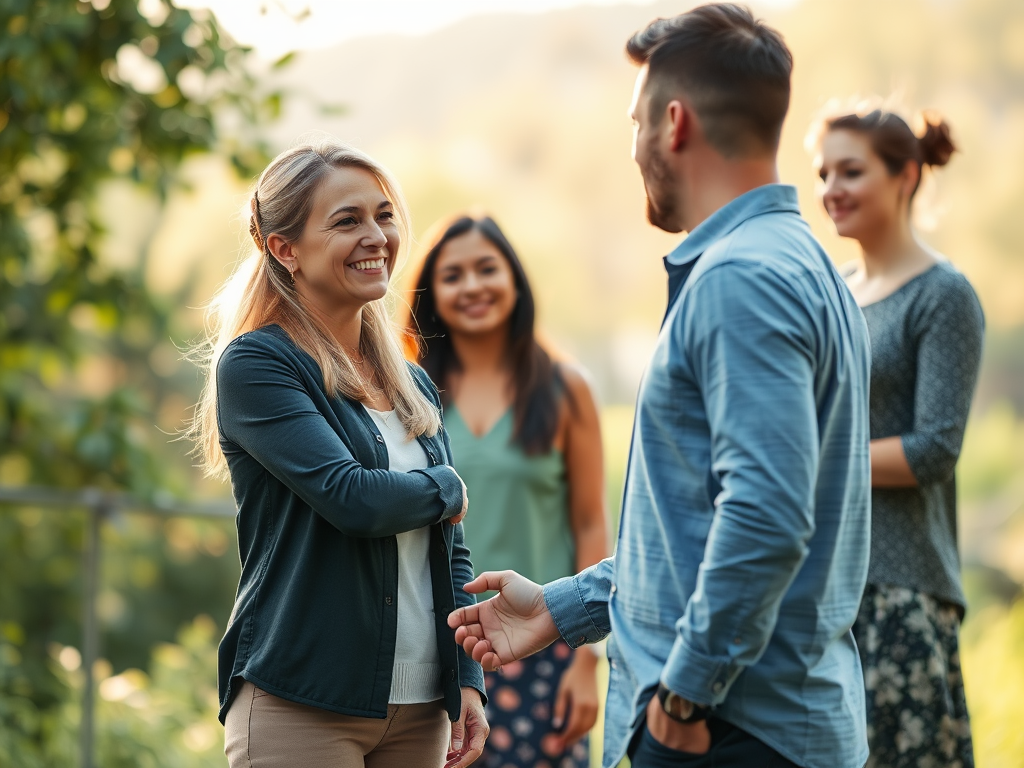 "calm coach" "engaging warmly with client" "gentle handshake" "soft natural light" "peaceful breathing exercises" "flowing energy lines around body" "diverse serene people" "nature background"