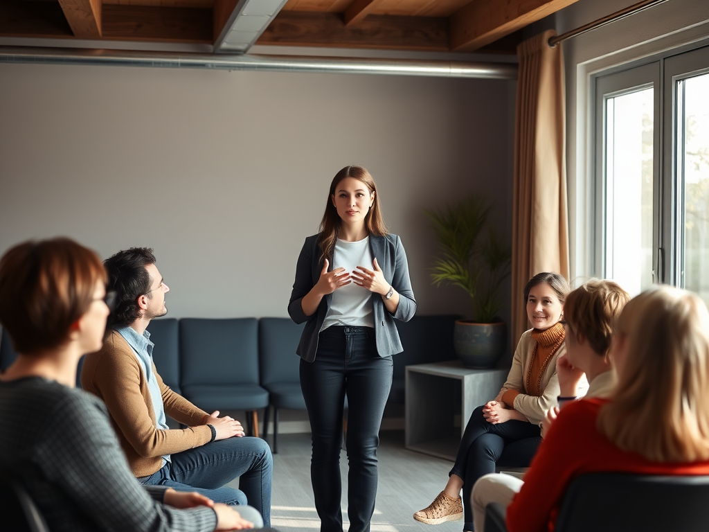"a calm, confident woman standing before a small audience" "soft natural lighting" "cozy, modern training room" "engaged listeners" "warm colors" "relaxed, supportive atmosphere" "subtle expressions of focus and encouragement"
