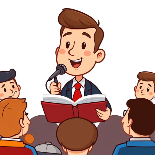 "confident speaker" "microphone stand" "calm audience" "open book" "growth arrow" "link chain" "speedometer gauge"