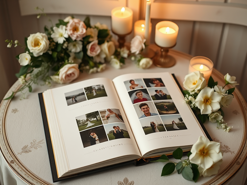 Een trouwalbum op een vintage tafel met bloemen en kaarsen.