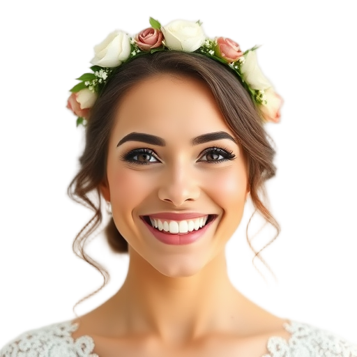 Een lachende vrouw met een bloemenkrans.