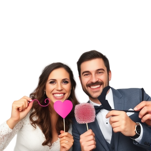 Een stel met accessoires, lachend naar de camera.