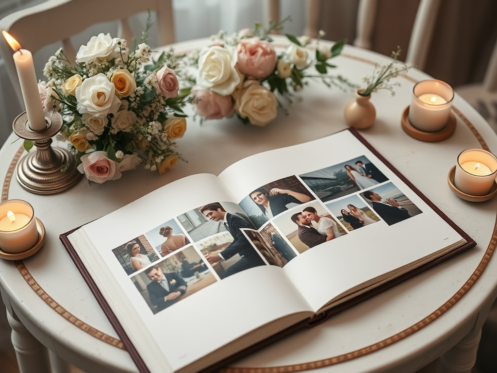 Een prachtig trouwalbum op een vintage tafel, omringd door bloemen.