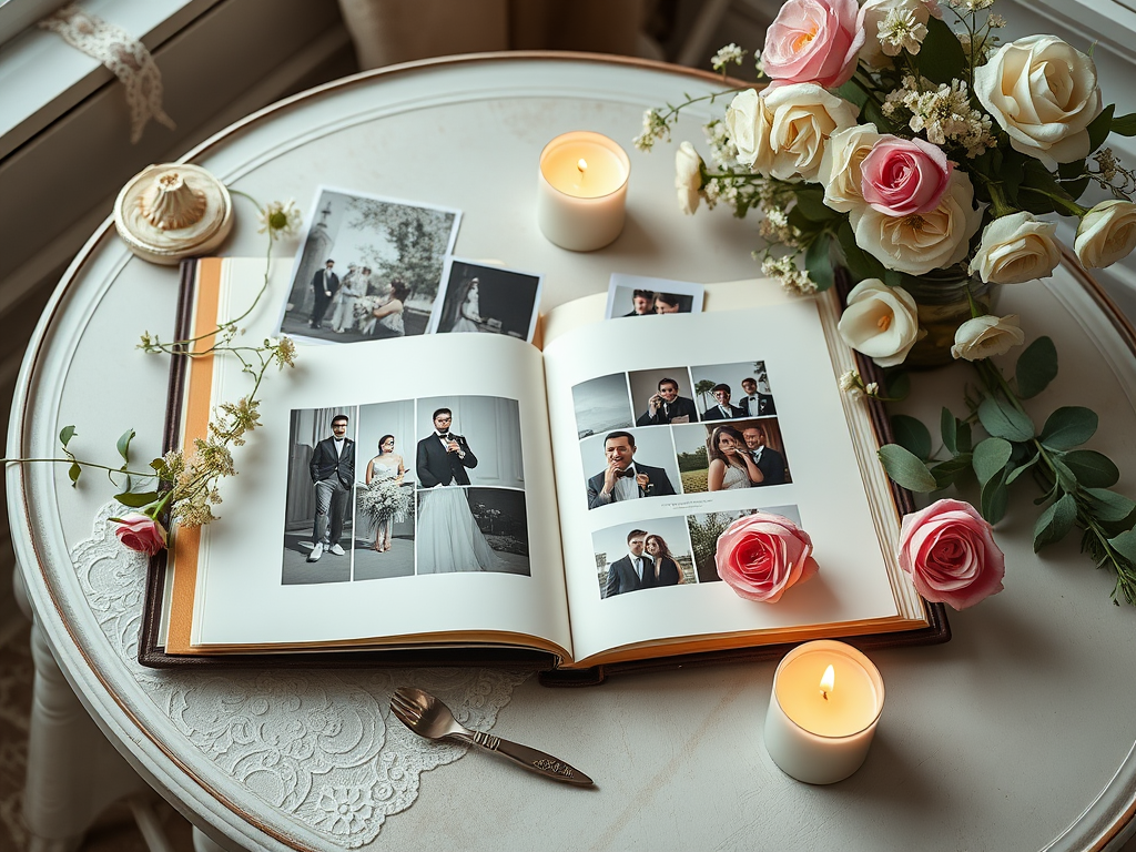 Een bruiloftalbum op een vintage tafel, omringd door bloemen.