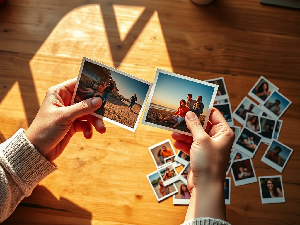 "hands holding vibrant printed photos" "soft sunlight illuminating a cozy wooden table" "scattered photo prints showing joyful memories" "warm, nostalgic atmosphere"