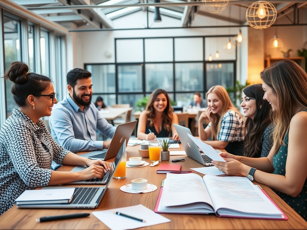 "A vibrant coworking day scene