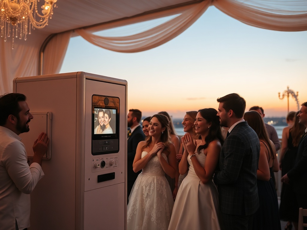 A stylish wedding photobooth setup at dusk, elegant unit, soft gold lighting, laughing guests, candid memory moments, romantic venue backdrop. "