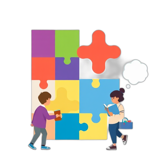 Kleurige puzzelstukken met studenten die problemen oplossen.