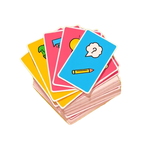 Een stapel kleurrijke leercards met symbolen en iconen.