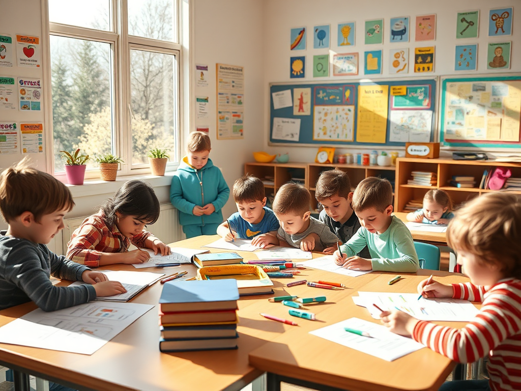 A cozy classroom scene with diverse children happily working on colorful worksheets, bright posters on walls, sunlight streaming through large windows, warm and inviting atmosphere.