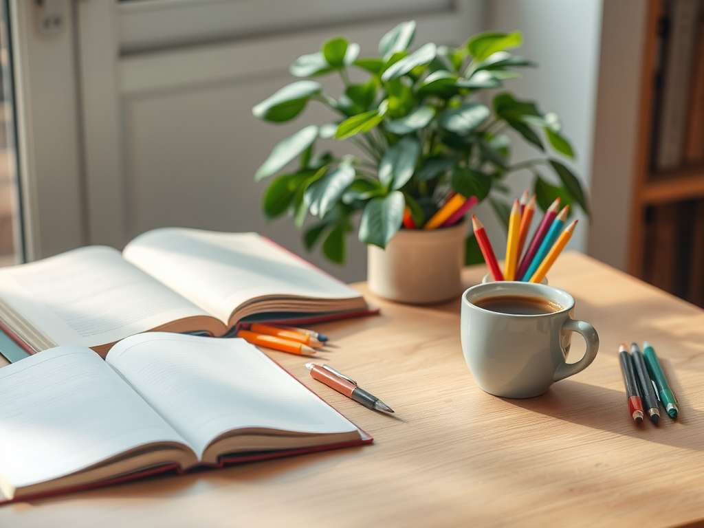 A cozy study desk with "open notebooks," "colorful pens," "a steaming cup of coffee," "soft natural light," and "a plant in the background."