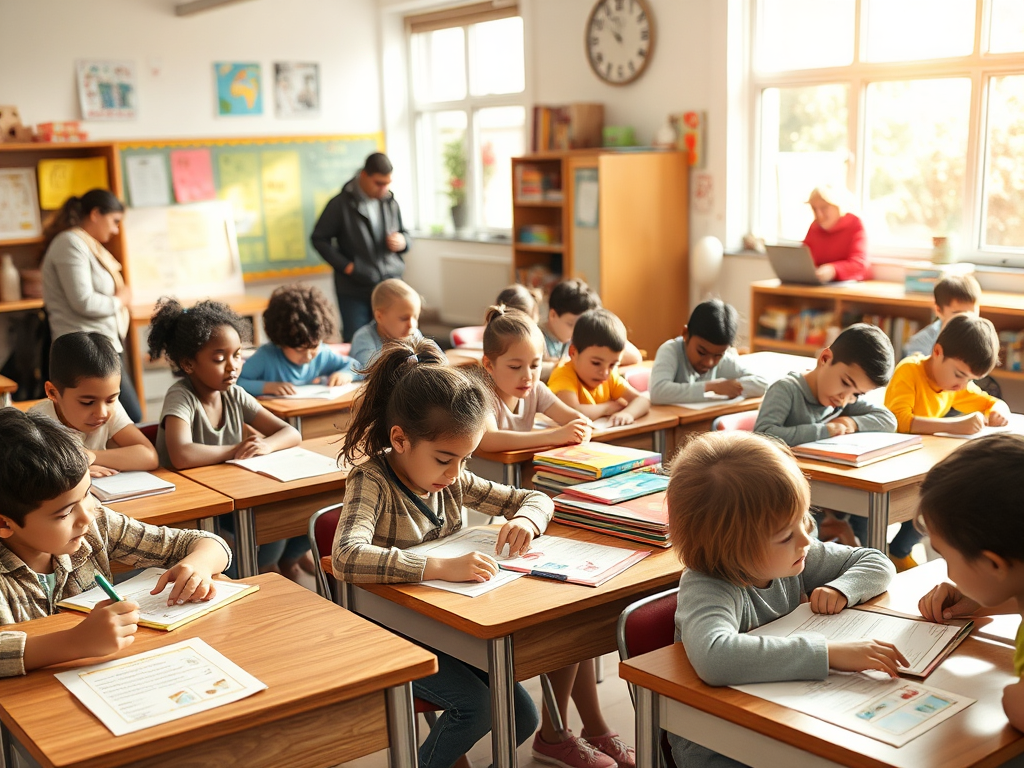 A warm, inviting classroom scene with diverse children engaged in learning, colorful worksheets on desks, parents and teachers collaborating, bright sunlight streaming through windows.