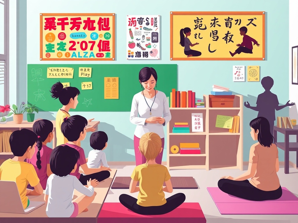 "Diverse classroom" "teacher guiding multilingual students" "colorful theme-boards