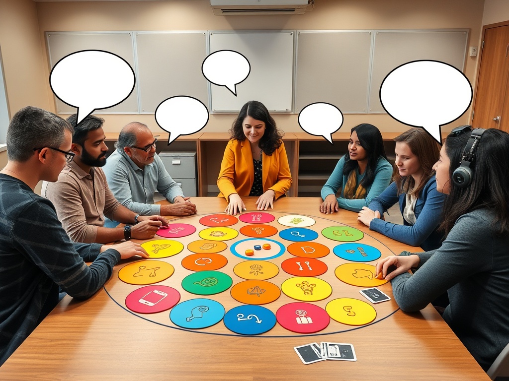 "A teacher and diverse adult students around a colorful gameboard" "14 vibrant circular boards scattered" "speech bubbles as playful icons" "classroom with warm lighting" "simple props