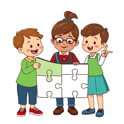 "school puzzle" "children reading" "teacher pointing"