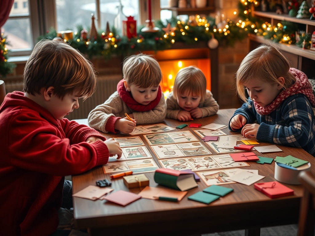 "A festive Sinterklaas scene with curious children solving logical puzzles at a cozy table, scattered clues, colorful envelopes, and warm lights, playful mystery atmosphere."