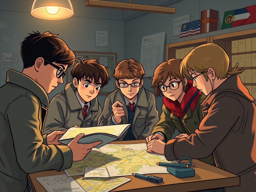 "A thrilling, illustrated scene of students as detectives solving puzzles, using maps and translation tools, comparing flags, teamwork glowing under warm classroom light."