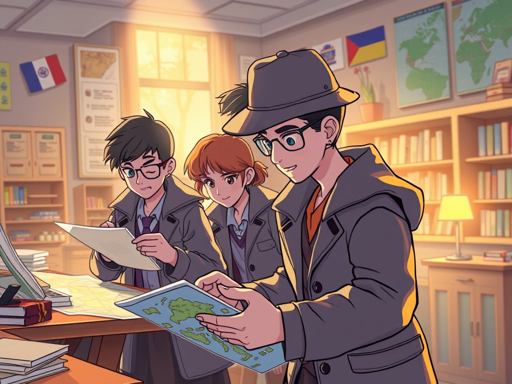 "A thrilling, illustrated scene of students as detectives solving puzzles, using maps and translation tools, comparing flags, teamwork glowing under warm classroom light."