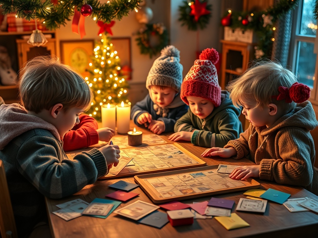 "A festive Sinterklaas scene with curious children solving logical puzzles at a cozy table, scattered clues, colorful envelopes, and warm lights, playful mystery atmosphere."