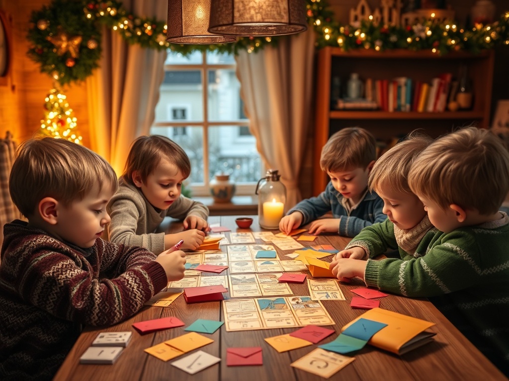 "A festive Sinterklaas scene with curious children solving logical puzzles at a cozy table, scattered clues, colorful envelopes, and warm lights, playful mystery atmosphere."