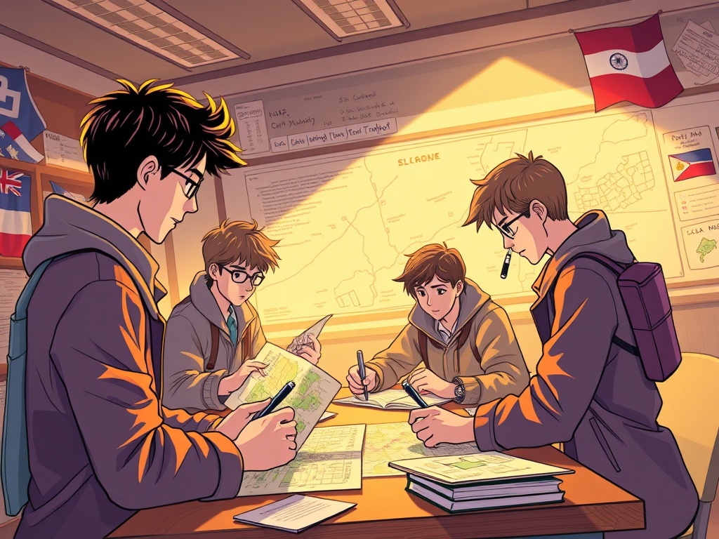 "A thrilling, illustrated scene of students as detectives solving puzzles, using maps and translation tools, comparing flags, teamwork glowing under warm classroom light."