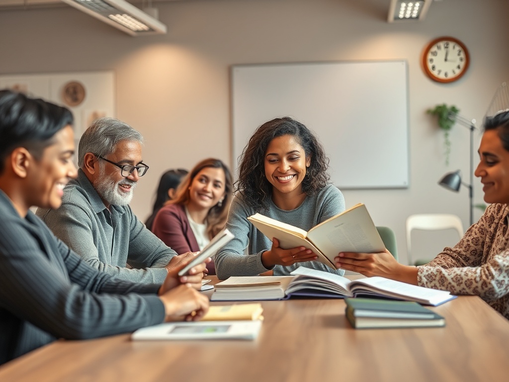 An inviting classroom scene with diverse adult learners, smiling, reading at a calm table; a friendly NT2 teacher guiding, warm lighting, subtle cultural motifs, soft colors."