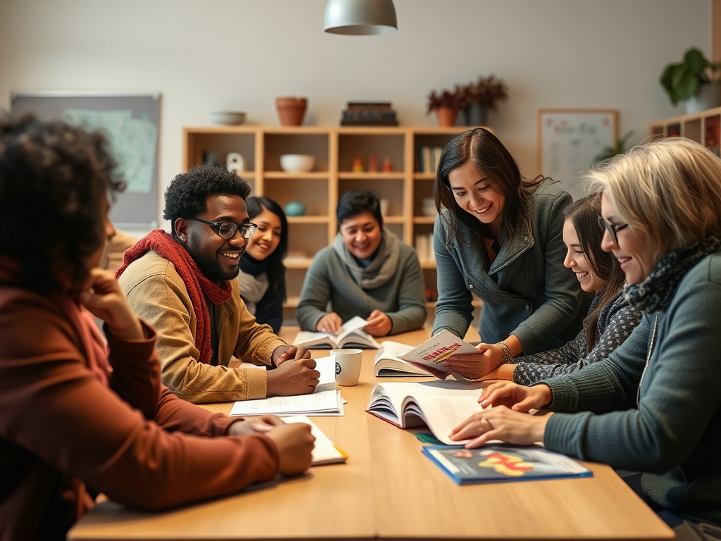 An inviting classroom scene with diverse adult learners, smiling, reading at a calm table; a friendly NT2 teacher guiding, warm lighting, subtle cultural motifs, soft colors."