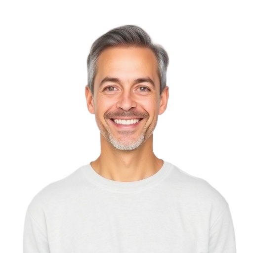 A person smiling to the camera with a white background looking like